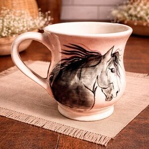 Horse Mug Vintage M Stamped Stoneware Blue‎ & White Equestrian Horse Coffee Mug